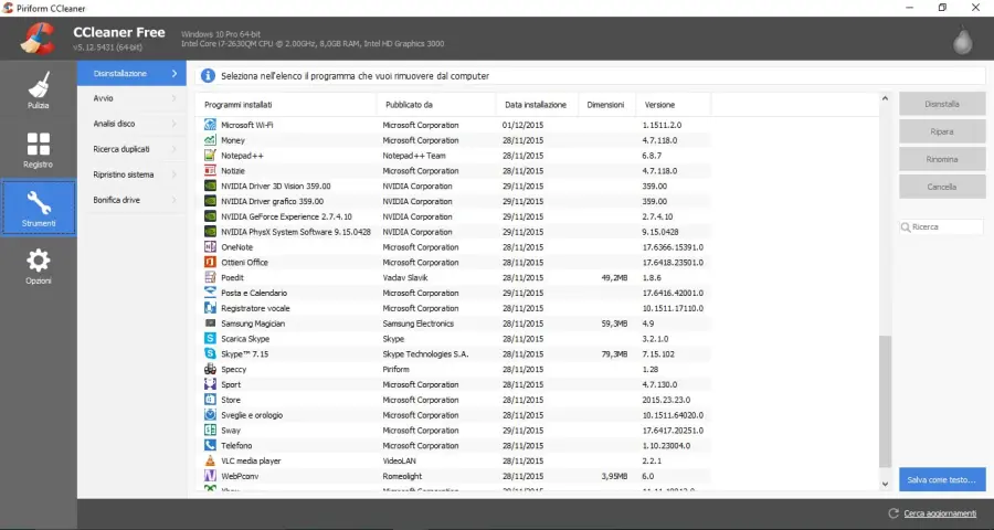 Come disinstallare le app su Windows 10 con CCleaner