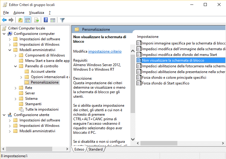 disattivare la schermata iniziale in Windows 10
