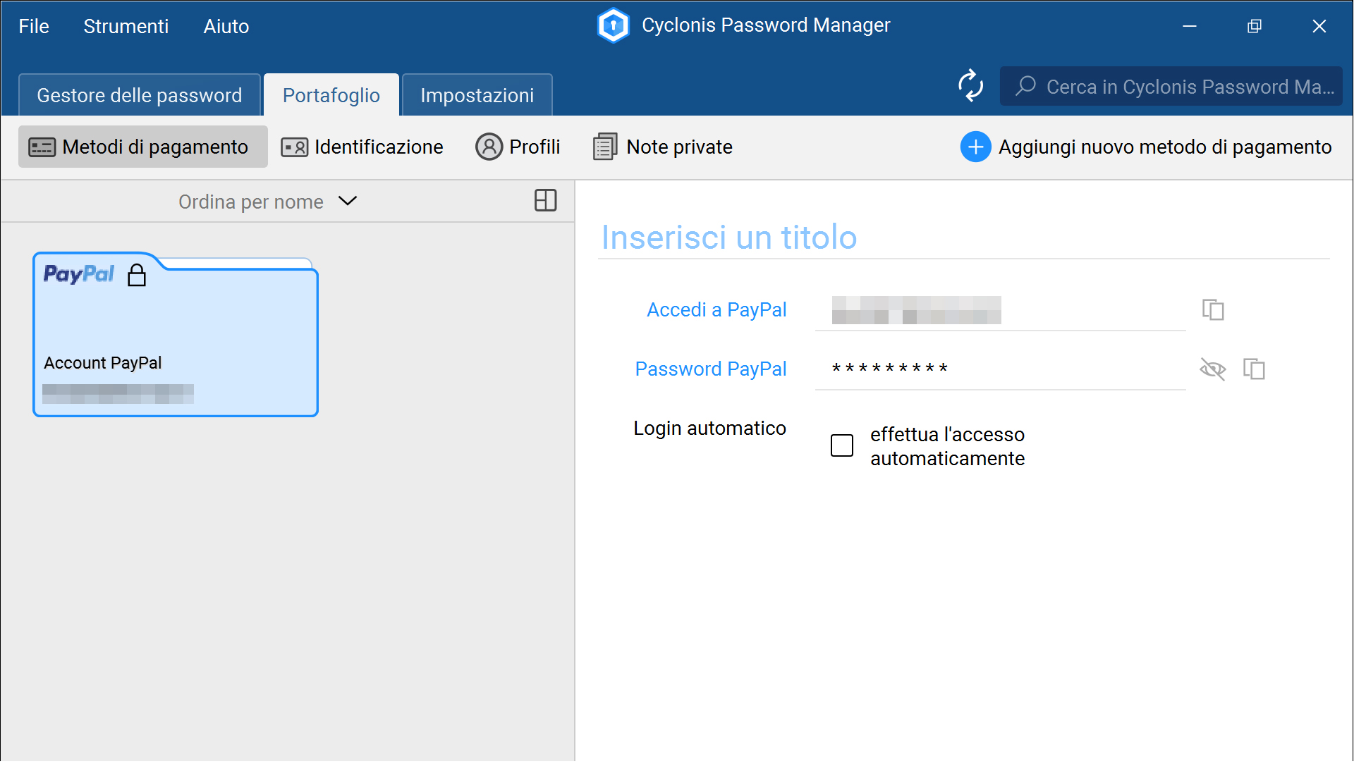 dati di pagamento Cyclonis Password Manager