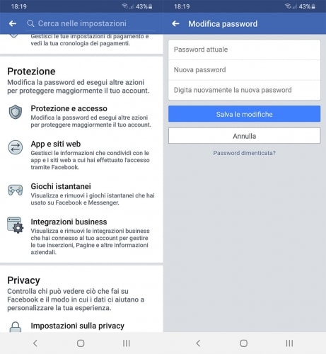 Cambiare la password di Facebook da dispositivi mobili