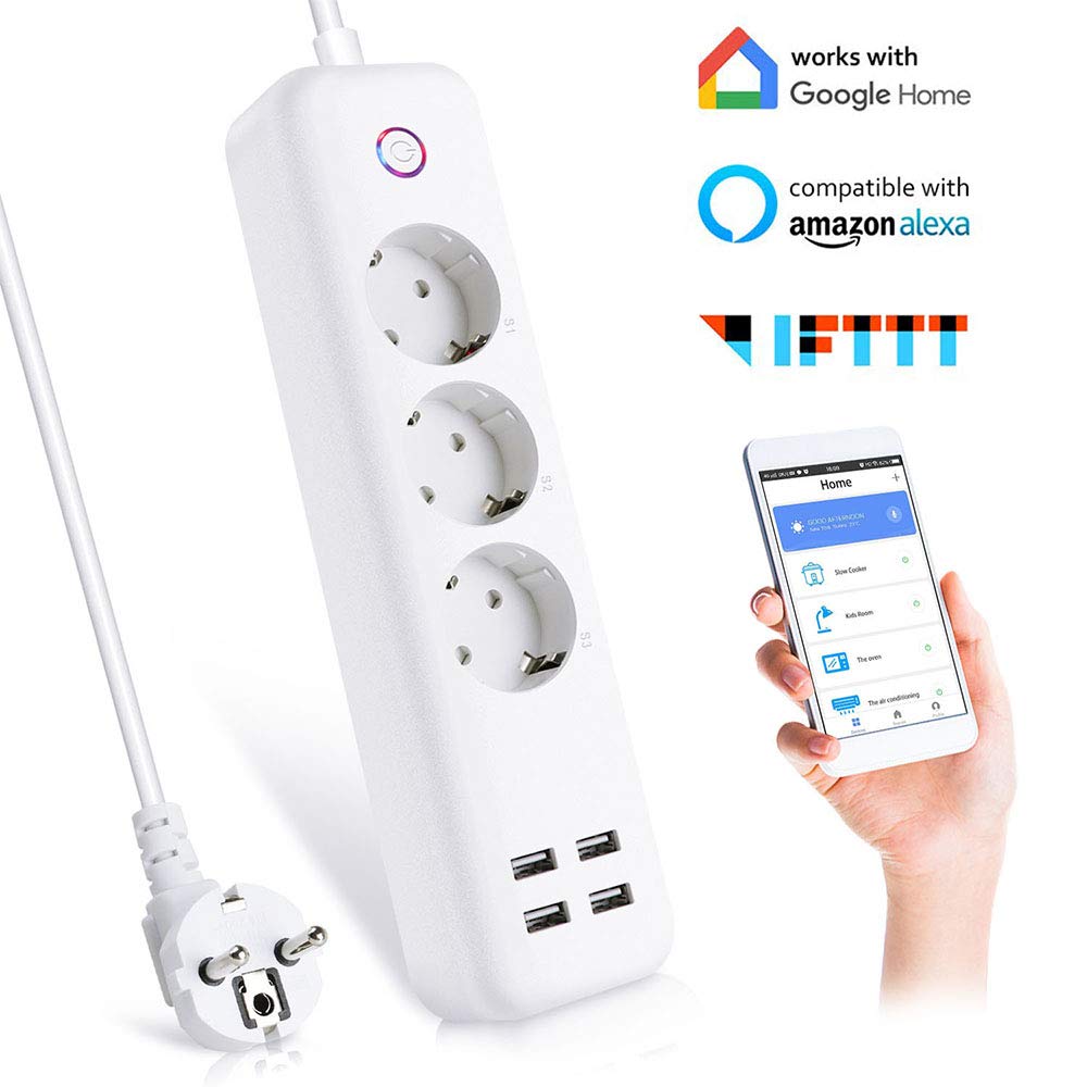 protezione da sovracorrente Ciabatta elettrica intelligente a 3 vie Wi-Fi Multipresa compatibile con Alexa Google Home con 2 prese USB 5 V//2,4 A, 12 W